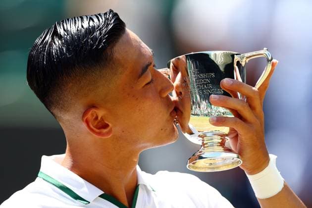 Tokito Oda celebrates victory in the Gentlemen s Wheelchair Singles Final Wimbledon Tennis Championships, Day 14, The All England Lawn Tennis and Croquet Club, London, UK - 12 Jul 2026London The All England Lawn Tennis and United Kingdom  Copyright: xJamesxMarsh Shutterstockx 16981035s