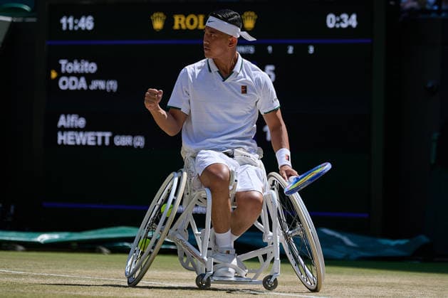 July 12, 2026, London, London, Great Britain: Tokito Oda of Japan reacts with clenched fist during The Championships Wimbledon - Wheelchair Tennis, 12.7.2026 in London (All England Lawn Tennis and Croquet Club), Great Britain Tennis 2026: Grand Slam: The Championships Wimbledon: ODA 6:1 6:1 HEWETT  - ZUMAs343 20260712_zsp_s343_002 Copyright: xMathiasxSchulzx