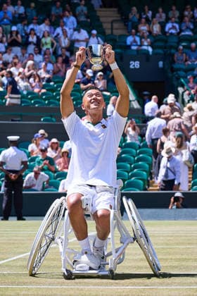 July 12, 2026, London, London, Great Britain: Tokito Oda of Japan is presenting his trophy for the mens singles champion during The Championships Wimbledon - Wheelchair Tennis, 12.7.2026 in London (All England Lawn Tennis and Croquet Club), Great Britain Tennis 2026: Grand Slam: The Championships Wimbledon: ODA 6:1 6:1 HEWETT  - ZUMAs343 20260712_zsp_s343_009 Copyright: xMathiasxSchulzx