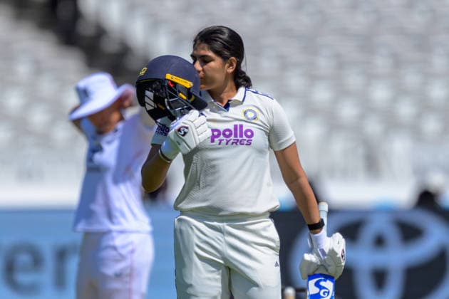 LONDON, ENGLAND JULY 12 - Yastika Bhatia of India celebrates scoring 100 runs becoming the first women to score 100 at Lords during Day 3 of the Rothesay Test Match game between England and India at Lord s Cricket Ground on July 12, 2026 in London , England . (Photo by Keeran Marquis Sports Press Photo)  Copyright: xKeeranxMarquis SPPx Sportspressphoto_SPR189823