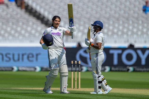 LONDON, ENGLAND JULY 12 - Yastika Bhatia of India celebrates scoring 100 runs becoming the first women to score 100 at Lords during Day 3 of the Rothesay Test Match game between England and India at Lord s Cricket Ground on July 12, 2026 in London , England . (Photo by Keeran Marquis Sports Press Photo)  Copyright: xKeeranxMarquis SPPx Sportspressphoto_SPR189828