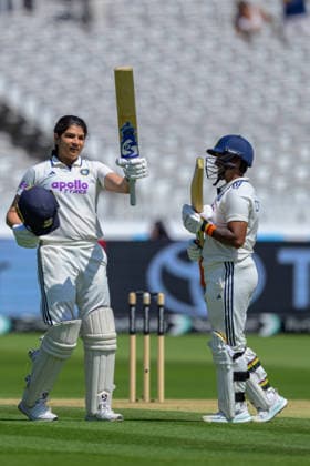 LONDON, ENGLAND JULY 12 - Yastika Bhatia of India celebrates scoring 100 runs becoming the first women to score 100 at Lords during Day 3 of the Rothesay Test Match game between England and India at Lord s Cricket Ground on July 12, 2026 in London , England . (Photo by Keeran Marquis Sports Press Photo)  Copyright: xKeeranxMarquis SPPx Sportspressphoto_SPR189832