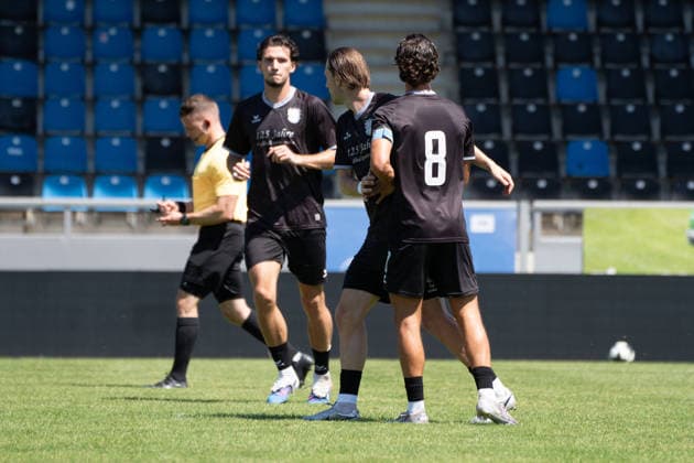 12.07.2026, xhfmx, Fussball Testspiel, FSV Frankfurt - RW Walldorf v.l. Filip Pandza (22, FSV Frankfurt), Cas Peters (10, FSV Frankfurt), Giorgio del Vecchio (8, FSV Frankfurt) bejubeln einen Treffer gegen Walldorf. (DFL DFB REGULATIONS PROHIBIT ANY USE OF PHOTOGRAPHS as IMAGE SEQUENCES and or QUASI-VIDEO) *** July 12, 2026, xhfmx, Soccer Friendly Match, FSV Frankfurt vs. RW Walldorf: Filip Pandza 22, FSV Frankfurt, Cas Peters 10, FSV Frankfurt, Giorgio del Vecchio 8, FSV Frankfurt celebrates a goal against Walldorf. DFL and DFB regulations prohibit any use of photographs as image sequences and or quasi-video.
