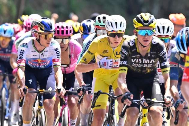 Tour de France 2026 Stage 9 USSEL, FRANCE - JULY 12 : Evenepoel Remco (BEL) of Red Bull - BORA - Hansgrohe, Pogacar Tadej (SLO) of UAE Team Emirates - XRG during stage 9 of the 113rd edition of Tour de France an UCI World Tour 2.UWT cycling road race stage for Men Elite of 185 km with start in Malemort and finish in Ussel on July 12, 2026 in Ussel, France, 12 07 2026 ( Motordriver Kurt Vandenborre - Ussel France  Copyright: xTomasxSiskx