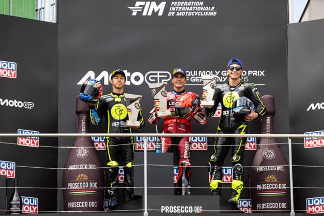 GER, Großer Preis von Deutschland, MotoGP. 11. Lauf, FIM Motorrad-Weltmeisterschaft. 12.07.2026, Sachsenring, Hohenstein-Ernstthal, GER, Großer Preis von Deutschland, MotoGP. 11. Lauf, FIM Motorrad-Weltmeisterschaft. Podium: Sieger 93, Marc Marquez, Ducati Lenovo Team, 2. 79, Ai Ogura, SuperFile Trackhouse MotoGP Team, 3. 25, Raul Fernandez, SuperFile Trackhouse MotoGP Team Â Foto: Alexander Trienitz Hohenstein-Ernstthal Sachsenring Sachsen Deutschland *** GER, German Grand Prix, MotoGP Round 11, FIM Motorcycle World Championship, July 12, 2026, Sachsenring, Hohenstein Ernstthal, GER, German Grand Prix, MotoGP Round 11, FIM Motorcycle World Championship Podium Winner 93, Marc Marquez, Ducati Lenovo Team, 2.79, Ai Ogura, SuperFile Trackhouse MotoGP Team, 3 25, Raul Fernandez, SuperFile Trackhouse MotoGP Team. Photo by Alexander Trienitz, Hohenstein Ernstthal, Sachsenring, Saxony, Germany