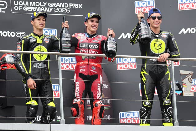 Hohenstein-Ernstthal, 12.07.26: Motorrad Grand Prix Deutschland 2026, Sachsenring. Marc Marquez (ESP) vom Ducati Lenovo Team feiert seinen Sieg. Motorrad Grand Prix Germany 2025 *** Hohenstein Ernstthal, July 12, 2026: 2026 German Motorcycle Grand Prix, Sachsenring; Marc Marquez (ESP) of the Ducati Lenovo Team celebrates his victory at the 2025 German Motorcycle Grand Prix
