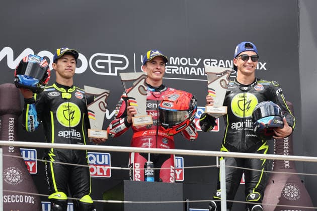 Hohenstein-Ernstthal, 12.07.26: Motorrad Grand Prix Deutschland 2026, Sachsenring. Marc Marquez (ESP) vom Ducati Lenovo Team feiert seinen Sieg. Motorrad Grand Prix Germany 2025 *** Hohenstein Ernstthal, July 12, 2026: 2026 German Motorcycle Grand Prix, Sachsenring; Marc Marquez (ESP) of the Ducati Lenovo Team celebrates his victory at the 2025 German Motorcycle Grand Prix