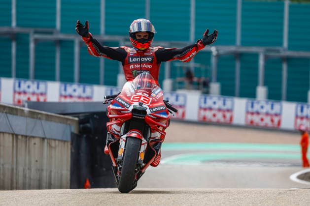 Hermsdorf: Moto GP Sachsenring 2026 on July, 12, 2026, (Photo by Juergen Tap) 93 Marc Marquez (ESP) Ducati Lenovo Team winning the race, Gewinner Hermsdorf Deutschland *** Hermsdorf MotoGP Sachsenring 2026 on July 12, 2026, Photo by Juergen Tap 93: Marc Marquez (ESP) of the Ducati Lenovo Team winning the race, Winner: Hermsdorf, Germany
