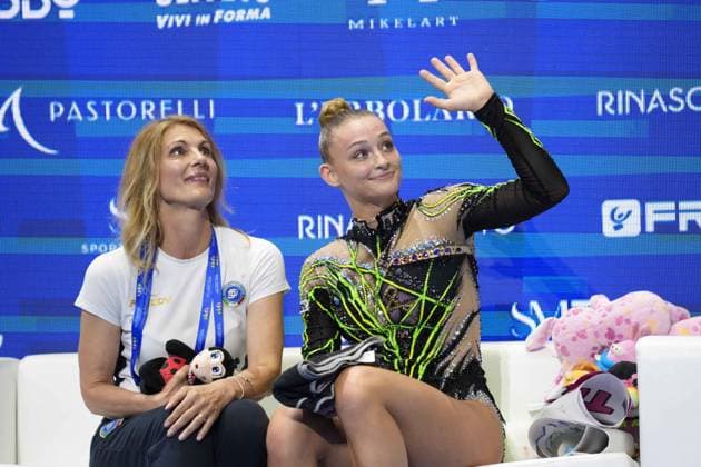 foto IPP gio auletta milano 12 07 2026 Coppa del Mondo di Ginnastica Ritmica nella foto Tara Dragas con la sua allenatrice italy ITALY  Copyright: xR4924_italyphotopressx