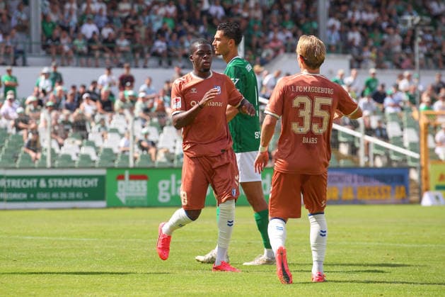 12.07.2026, xtgx, Fussball Testspiel, BSG Chemie Leipzig - 1. FC Magdeburg emspor, v.l. Pierre Nadjombe (Magdeburg, 28) Jubel, Torjubel, jubelt ueber das Tor, celebrate the goal, celebration (DFL DFB REGULATIONS PROHIBIT ANY USE OF PHOTOGRAPHS as IMAGE SEQUENCES and or QUASI-VIDEO) Leipzig *** July 12, 2026, xtgx, soccer friendly, BSG Chemie Leipzig vs. 1. FC Magdeburg emspor, from left: Pierre Nadjombe (Magdeburg), 28, cheering, Goal celebration, celebrating the goal, DFL and DFB regulations prohibit any use of photographs as image sequences and or quasi-video, Leipzig