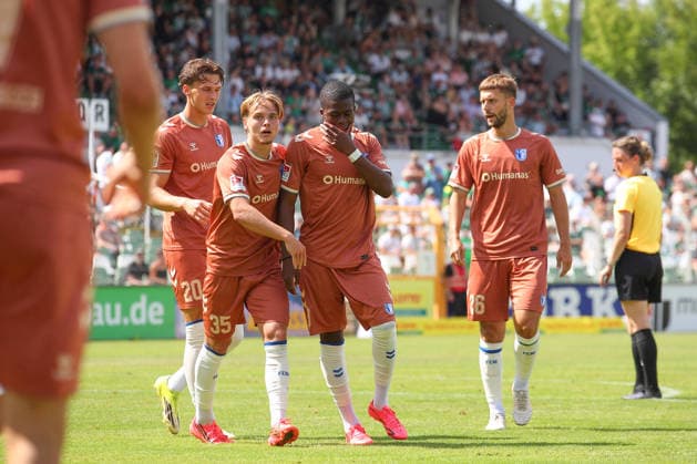 12.07.2026, xtgx, Fussball Testspiel, BSG Chemie Leipzig - 1. FC Magdeburg emspor, v.l. Pierre Nadjombe (Magdeburg, 28) Jubel, Torjubel, jubelt ueber das Tor, celebrate the goal, celebration (DFL DFB REGULATIONS PROHIBIT ANY USE OF PHOTOGRAPHS as IMAGE SEQUENCES and or QUASI-VIDEO) Leipzig *** July 12, 2026, xtgx, soccer friendly, BSG Chemie Leipzig vs. 1. FC Magdeburg emspor, from left: Pierre Nadjombe (Magdeburg), 28, cheering, Goal celebration, celebrating the goal, DFL and DFB regulations prohibit any use of photographs as image sequences and or quasi-video, Leipzig