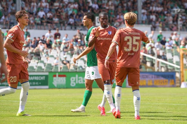 12.07.2026, xtgx, Fussball Testspiel, BSG Chemie Leipzig - 1. FC Magdeburg emspor, v.l. Pierre Nadjombe (Magdeburg, 28) Jubel, Torjubel, jubelt ueber das Tor, celebrate the goal, celebration (DFL DFB REGULATIONS PROHIBIT ANY USE OF PHOTOGRAPHS as IMAGE SEQUENCES and or QUASI-VIDEO) Leipzig *** July 12, 2026, xtgx, soccer friendly, BSG Chemie Leipzig vs. 1. FC Magdeburg emspor, from left: Pierre Nadjombe (Magdeburg), 28, cheering, Goal celebration, celebrating the goal, DFL and DFB regulations prohibit any use of photographs as image sequences and or quasi-video, Leipzig