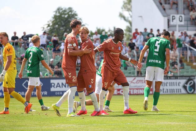 12.07.2026, xtgx, Fussball Testspiel, BSG Chemie Leipzig - 1. FC Magdeburg emspor, v.l. Pierre Nadjombe (Magdeburg, 28) Jubel, Torjubel, jubelt ueber das Tor, celebrate the goal, celebration (DFL DFB REGULATIONS PROHIBIT ANY USE OF PHOTOGRAPHS as IMAGE SEQUENCES and or QUASI-VIDEO) Leipzig *** July 12, 2026, xtgx, soccer friendly, BSG Chemie Leipzig vs. 1. FC Magdeburg emspor, from left: Pierre Nadjombe (Magdeburg), 28, cheering, Goal celebration, celebrating the goal, DFL and DFB regulations prohibit any use of photographs as image sequences and or quasi-video, Leipzig