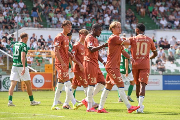 12.07.2026, xtgx, Fussball Testspiel, BSG Chemie Leipzig - 1. FC Magdeburg emspor, v.l. Pierre Nadjombe (Magdeburg, 28) Jubel, Torjubel, jubelt ueber das Tor, celebrate the goal, celebration (DFL DFB REGULATIONS PROHIBIT ANY USE OF PHOTOGRAPHS as IMAGE SEQUENCES and or QUASI-VIDEO) Leipzig *** July 12, 2026, xtgx, soccer friendly, BSG Chemie Leipzig vs. 1. FC Magdeburg emspor, from left: Pierre Nadjombe (Magdeburg), 28, cheering, Goal celebration, celebrating the goal, DFL and DFB regulations prohibit any use of photographs as image sequences and or quasi-video, Leipzig