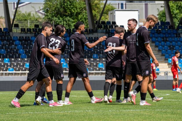 12.07.2026, xhfmx, Fussball Testspiel, FSV Frankfurt - RW Walldorf Der FSV Frankfurt bejubelt einen Treffer gegen Walldorf. (DFL DFB REGULATIONS PROHIBIT ANY USE OF PHOTOGRAPHS as IMAGE SEQUENCES and or QUASI-VIDEO) *** July 12, 2026, xhfmx, Soccer Friendly Match, FSV Frankfurt vs. RW Walldorf FSV Frankfurt celebrates a goal against Walldorf DFL DFB REGULATIONS PROHIBIT ANY USE OF PHOTOGRAPHS as IMAGE SEQUENCES and or QUASI-VIDEO