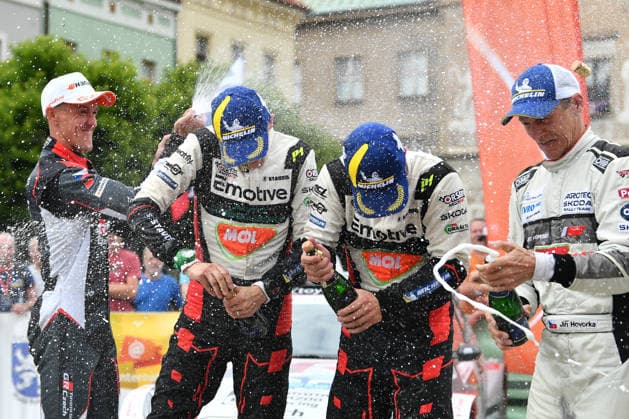 Bohemia Rally, the fourth round of the Czech Rally Championship, in Mlada Boleslav, Czech Republic, on July 12, 2026. From left: Filip Mares, Ondrej Krajca, Dominik Stritesky, Jiri Hovorka on the podium. (CTKxPhoto VitxCerny) CTKPhotoP2026071204128  CTKPhotoP2026071204128