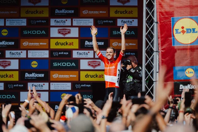 CYCLING - Tour of Austria 2026 LANGENLOIS,AUSTRIA,12.JUL.26 - CYCLING - Tour of Austria, stage 5, Langenlois - Wien. Image shows the rejoicing of Gregor Muehlberger (AUT AUSTRIA).  GEPAxpictures xAlexanderxSolc
