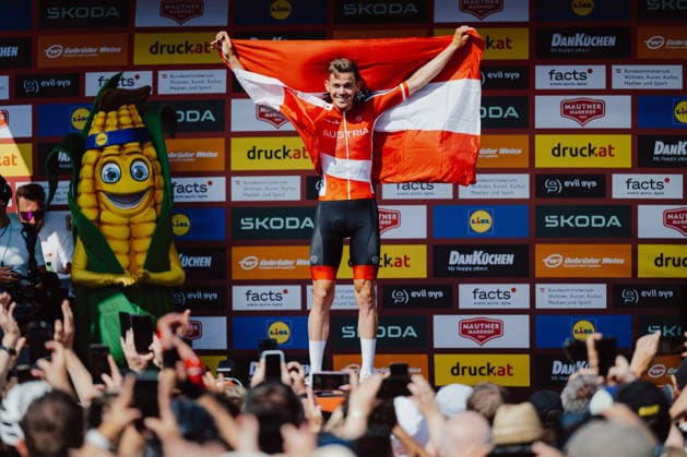 CYCLING - Tour of Austria 2026 LANGENLOIS,AUSTRIA,12.JUL.26 - CYCLING - Tour of Austria, stage 5, Langenlois - Wien. Image shows the rejoicing of Gregor Muehlberger (AUT AUSTRIA).  GEPAxpictures xAlexanderxSolc