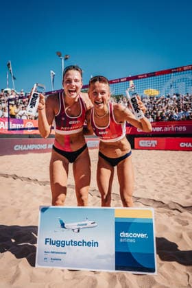 Beachvolleyball Frauen Allianz German Beach Tour 2026 Tourstop München 12.07.2026 v.l. Elea Beutel und Paula Schürholz gewinnen das Turnier in München und jubeln München Zentraler Hochschulsport: Beach- Bayern Deutschland *** Women s Beach Volleyball: Allianz German Beach Tour 2026, Munich Stop, July 12, 2026—Elea Beutel and Paula Schürholz win the tournament in Munich and celebrate. Munich, Central University Sports, Beach, Bavaria, Germany