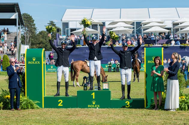 260712 Richard Vogel of Germany second place, Shane Sweetnam of Ireland winner and Steve Guerdat of Switzerland on third place in Rolex Grand Prix during the Falsterbo Horse Show on July 12, 2026 in Falsterbo. Photo: Christian Örnberg BILDBYRAN COP 166 CO0712 ridsport equestrian falsterbo horse show ridsportlaget bbeng rolex grand prix *** July 12, 2026: Richard Vogel of Germany took second place, Shane Sweetnam of Ireland won, and Steve Guerdat of Switzerland placed third in the Rolex Grand Prix during the Falsterbo Horse Show on July 12, 2026 in Falsterbo. Photo by Christian Örnberg, BILDBYRAN COP 166 CO0712 equestrian sports Falsterbo Horse Show Ridsportlaget BBENG Rolex Grand Prix  Copyright: CHRISTIANxÖRNBERG BB260712CO194