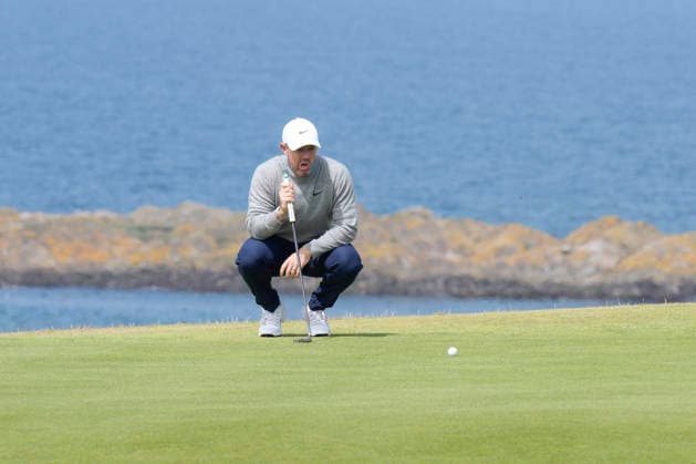 NORTH BERWICK, SCOTLAND - JULY 12: Rory McIlroy lines up a putt on the third green during Round 4 of the Genesis Scottish Open at the Renaissance Club, North Berwick on July 12, 2026 in North Berwick, Scotland Genesis Scottish Open Round 4