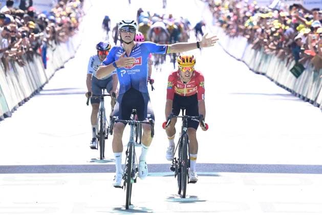 Tour de France 2026 Stage 9 USSEL, FRANCE - JULY 12 : Van Der Poel Mathieu (NED) of Alpecin - Premier Tech wins the sprint , second place for Johannessen Tobias Halland (NOR) of Uno-X Mobility, third place for Pidcock Tom (GBR) of Pinarello - Q36.5 Pro Cycling Team during stage 9 of the 113rd edition of Tour de France an UCI World Tour 2.UWT cycling road race stage for Men Elite of 185 km with start in Malemort and finish in Ussel on July 12, 2026 in Ussel, France, 12 07 2026 Ussel France  Copyright: xTomasxSiskx
