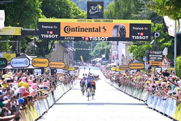 Tour de France 2026 Stage 9 USSEL, FRANCE - JULY 12 : Van Der Poel Mathieu (NED) of Alpecin - Premier Tech wins the sprint , second place for Johannessen Tobias Halland (NOR) of Uno-X Mobility, third place for Pidcock Tom (GBR) of Pinarello - Q36.5 Pro Cycling Team during stage 9 of the 113rd edition of Tour de France an UCI World Tour 2.UWT cycling road race stage for Men Elite of 185 km with start in Malemort and finish in Ussel on July 12, 2026 in Ussel, France, 12 07 2026 Ussel France  Copyright: xTomasxSiskx