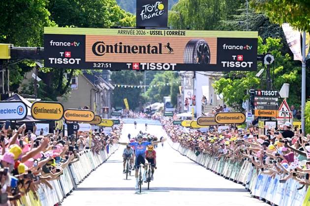 Tour de France 2026 Stage 9 USSEL, FRANCE - JULY 12 : Van Der Poel Mathieu (NED) of Alpecin - Premier Tech wins the sprint , second place for Johannessen Tobias Halland (NOR) of Uno-X Mobility, third place for Pidcock Tom (GBR) of Pinarello - Q36.5 Pro Cycling Team during stage 9 of the 113rd edition of Tour de France an UCI World Tour 2.UWT cycling road race stage for Men Elite of 185 km with start in Malemort and finish in Ussel on July 12, 2026 in Ussel, France, 12 07 2026 Ussel France  Copyright: xTomasxSiskx