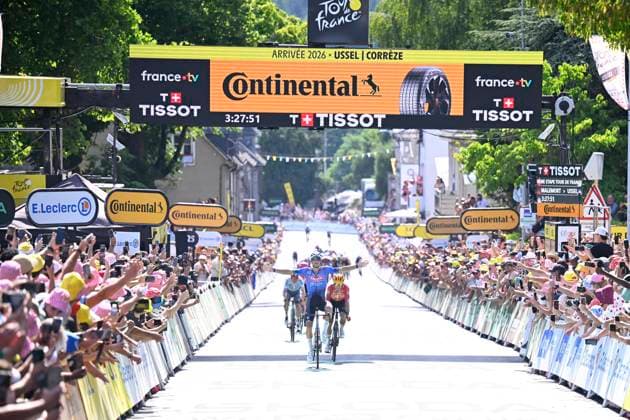 Tour de France 2026 Stage 9 USSEL, FRANCE - JULY 12 : Van Der Poel Mathieu (NED) of Alpecin - Premier Tech wins the sprint , second place for Johannessen Tobias Halland (NOR) of Uno-X Mobility, third place for Pidcock Tom (GBR) of Pinarello - Q36.5 Pro Cycling Team during stage 9 of the 113rd edition of Tour de France an UCI World Tour 2.UWT cycling road race stage for Men Elite of 185 km with start in Malemort and finish in Ussel on July 12, 2026 in Ussel, France, 12 07 2026 Ussel France  Copyright: xTomasxSiskx