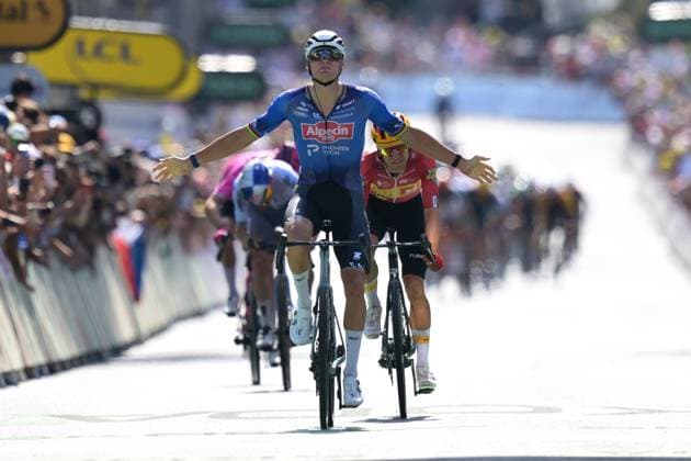 Dutch Mathieu van der Poel of Alpecin-Premier Tech and pictured as he crosses the finish line of the stage 9 of the 2026 Tour de France cycling race, a stage of 185km from Malemort to Ussel, on Sunday 12 July 2026. The 113th edition of the Tour de France starts on Saturday 4 July in Barcelona, Spain, and will finish in Paris, France on the 26th of July. DAVIDxPINTENS  x181002462x