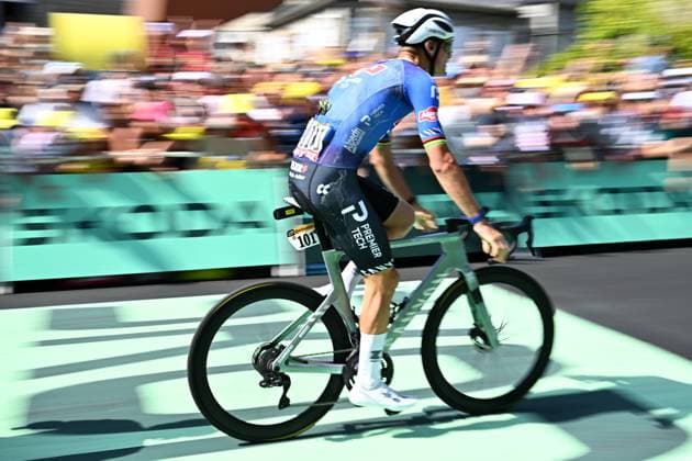 Dutch Mathieu van der Poel of Alpecin-Premier Tech and pictured as he crosses the finish line of the stage 9 of the 2026 Tour de France cycling race, a stage of 185km from Malemort to Ussel, on Sunday 12 July 2026. The 113th edition of the Tour de France starts on Saturday 4 July in Barcelona, Spain, and will finish in Paris, France on the 26th of July. JASPERxJACOBS  x181002526x