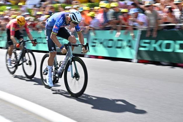 Dutch Mathieu van der Poel of Alpecin-Premier Tech and pictured as he crosses the finish line of the stage 9 of the 2026 Tour de France cycling race, a stage of 185km from Malemort to Ussel, on Sunday 12 July 2026. The 113th edition of the Tour de France starts on Saturday 4 July in Barcelona, Spain, and will finish in Paris, France on the 26th of July. JASPERxJACOBS  x181002536x
