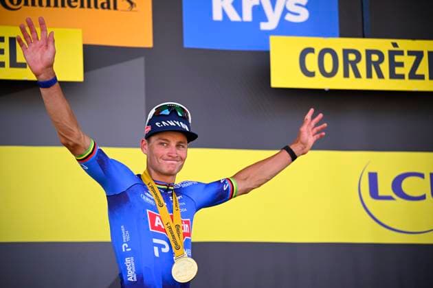 Tour de France 2026 Stage 9 USSEL, FRANCE - JULY 12 : Van Der Poel Mathieu (NED) of Alpecin - Premier Tech pictured during the podium ceremony of stage 9 of the 113rd edition of Tour de France an UCI World Tour 2.UWT cycling road race stage for Men Elite of 185 km with start in Malemort and finish in Ussel on July 12, 2026 in Ussel, France, 12 07 2026 Ussel France  Copyright: xTomasxSiskx
