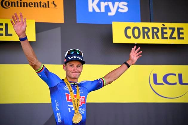 Tour de France 2026 Stage 9 USSEL, FRANCE - JULY 12 : Van Der Poel Mathieu (NED) of Alpecin - Premier Tech pictured during the podium ceremony of stage 9 of the 113rd edition of Tour de France an UCI World Tour 2.UWT cycling road race stage for Men Elite of 185 km with start in Malemort and finish in Ussel on July 12, 2026 in Ussel, France, 12 07 2026 Ussel France  Copyright: xTomasxSiskx
