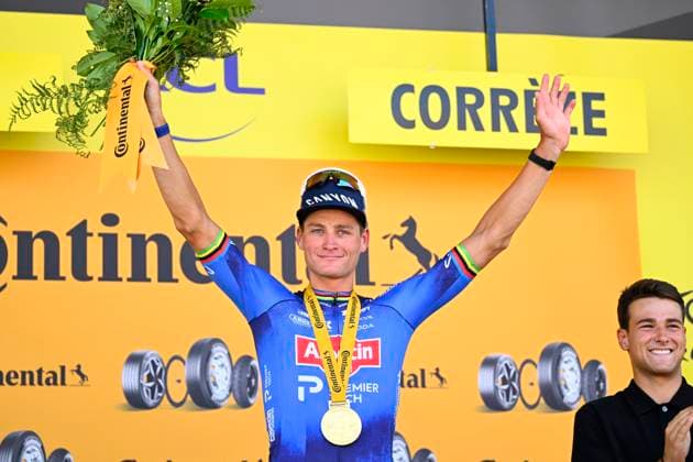 Tour de France 2026 Stage 9 USSEL, FRANCE - JULY 12 : Van Der Poel Mathieu (NED) of Alpecin - Premier Tech pictured during the podium ceremony of stage 9 of the 113rd edition of Tour de France an UCI World Tour 2.UWT cycling road race stage for Men Elite of 185 km with start in Malemort and finish in Ussel on July 12, 2026 in Ussel, France, 12 07 2026 Ussel France  Copyright: xTomasxSiskx