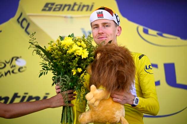 Tour de France 2026 Stage 9 USSEL, FRANCE - JULY 12 : Pogacar Tadej (SLO) of UAE Team Emirates - XRG pictured with the yellow jersey during the podium ceremony of stage 9 of the 113rd edition of Tour de France an UCI World Tour 2.UWT cycling road race stage for Men Elite of 185 km with start in Malemort and finish in Ussel on July 12, 2026 in Ussel, France, 12 07 2026 Ussel France  Copyright: xTomasxSiskx