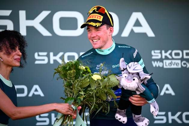 Tour de France 2026 Stage 9 USSEL, FRANCE - JULY 12 : Pedersen Mads (DEN) of Lidl - Trek pictured with the green jersey during the podium ceremony of stage 9 of the 113rd edition of Tour de France an UCI World Tour 2.UWT cycling road race stage for Men Elite of 185 km with start in Malemort and finish in Ussel on July 12, 2026 in Ussel, France, 12 07 2026 Ussel France  Copyright: xTomasxSiskx