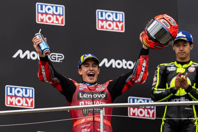 GER, Großer Preis von Deutschland, MotoGP. 11. Lauf, FIM Motorrad-Weltmeisterschaft. 12.07.2026, Sachsenring, Hohenstein-Ernstthal, GER, Großer Preis von Deutschland, MotoGP. 11. Lauf, FIM Motorrad-Weltmeisterschaft. Podium: Sieger 93, Marc Marquez, Ducati Lenovo Team jubelt Â Foto: Alexander Trienitz Hohenstein-Ernstthal Sachsenring Sachsen Deutschland *** GER, German Grand Prix, MotoGP Round 11, FIM Motorcycle World Championship, July 12, 2026, Sachsenring, Hohenstein Ernstthal, GER, German Grand Prix, MotoGP Round 11, FIM Motorcycle World Championship Podium Winner 93, Marc Marquez, Ducati Lenovo Team celebrates. Photo by Alexander Trienitz, Hohenstein Ernstthal, Sachsenring, Saxony, Germany