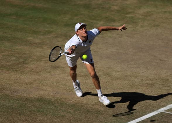 RECORD DATE NOT STATED 12th July 2026; All England Lawn Tennis and Croquet Club, London, England; Wimbledon Tennis Tournament, Final Day; Jannik Sinner (ITA) with a forehand shot to Alexander Zverev (GER) JohnxPatrickxFletcher