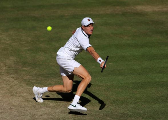 RECORD DATE NOT STATED 12th July 2026; All England Lawn Tennis and Croquet Club, London, England; Wimbledon Tennis Tournament, Final Day; Jannik Sinner (ITA) with a backhand shot to Alexander Zverev (GER) JohnxPatrickxFletcher