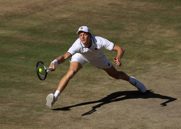 RECORD DATE NOT STATED 12th July 2026; All England Lawn Tennis and Croquet Club, London, England; Wimbledon Tennis Tournament, Final Day; Jannik Sinner (ITA) with a forehand shot to Alexander Zverev (GER) JohnxPatrickxFletcher