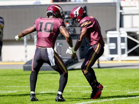 10 Harlan Kwofie (Wide Receiver) Rhein Fire and 6 Kaylon Geiger (Wide Receiver) Rhein Fire touchdown celebration. Rhein Fire vs Panthers Wroclaw, American Football, American Football League Europe, Week 8, 2026, 12.07.2026, Duisburg Schauinsland-Reisen-Arena Germany Copyright: xFootxBowl ChristopherxMettkenx