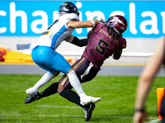 Interception from 5 Nazir Streater (Strong Saftey) Rhein Fire. Rhein Fire vs Panthers Wroclaw, American Football, American Football League Europe, Week 8, 2026, 12.07.2026, Duisburg Schauinsland-Reisen-Arena Germany Copyright: xFootxBowl ChristopherxMettkenx