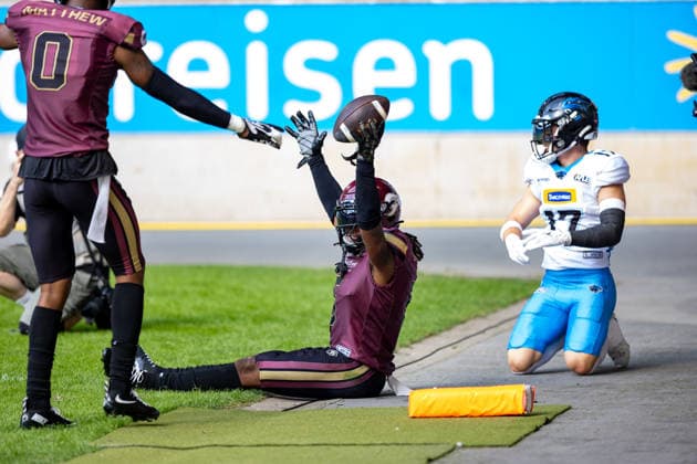 Interception celebration from 5 Nazir Streater (Strong Saftey) Rhein Fire Rhein Fire vs Panthers Wroclaw, American Football, American Football League Europe, Week 8, 2026, 12.07.2026, Duisburg Schauinsland-Reisen-Arena Germany Copyright: xFootxBowl ChristopherxMettkenx