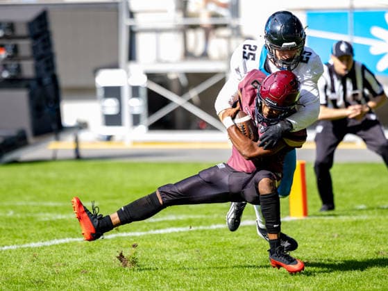 Interception from 5 Nazir Streater (Strong Saftey) Rhein Fire. Tackle from 25 Adam Lary ( Cornerback ) Panthers Wroclaw Rhein Fire vs Panthers Wroclaw, American Football, American Football League Europe, Week 8, 2026, 12.07.2026, Duisburg Schauinsland-Reisen-Arena Germany Copyright: xFootxBowl ChristopherxMettkenx