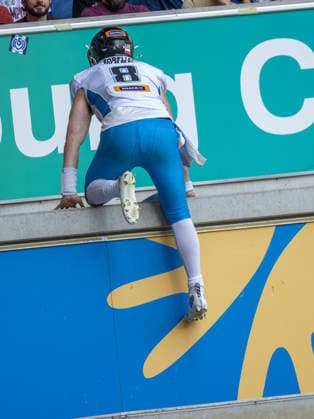 Touchdown celebration 8 Jameson Wang (Quarterback) Panthers Wroclaw Rhein Fire vs Panthers Wroclaw, American Football, American Football League Europe, Week 8, 2026, 12.07.2026, Duisburg Schauinsland-Reisen-Arena Germany Copyright: xFootxBowl ChristopherxMettkenx