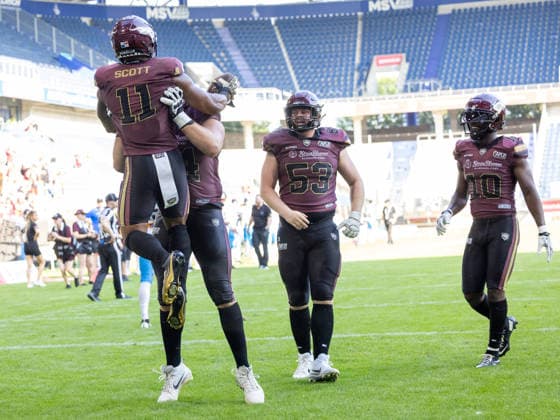 Touchdown celebration from 11 Jonathan Scott (Running Back) Rhein Fire Rhein Fire vs Panthers Wroclaw, American Football, American Football League Europe, Week 8, 2026, 12.07.2026, Duisburg Schauinsland-Reisen-Arena Germany Copyright: xFootxBowl ChristopherxMettkenx