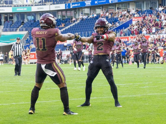 2 Joshua Scott (Wide Receiver) Rhein Fire and 11 Jonathan Scott (Running Back) Rhein Fire touchdown celebration Rhein Fire vs Panthers Wroclaw, American Football, American Football League Europe, Week 8, 2026, 12.07.2026, Duisburg Schauinsland-Reisen-Arena Germany Copyright: xFootxBowl ChristopherxMettkenx