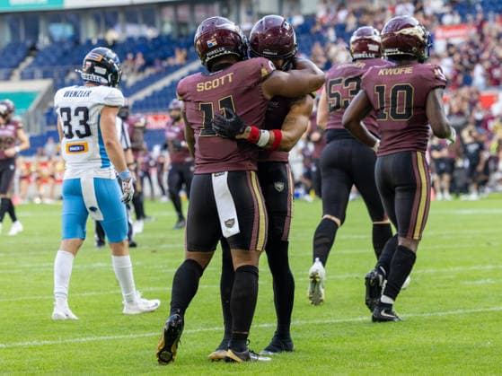 2 Joshua Scott (Wide Receiver) Rhein Fire and 11 Jonathan Scott (Running Back) Rhein Fire touchdown celebration Rhein Fire vs Panthers Wroclaw, American Football, American Football League Europe, Week 8, 2026, 12.07.2026, Duisburg Schauinsland-Reisen-Arena Germany Copyright: xFootxBowl ChristopherxMettkenx