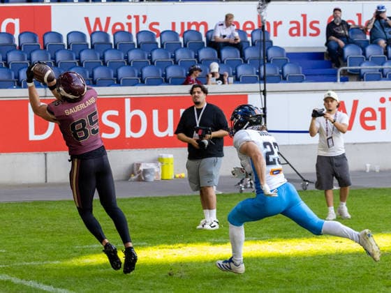 Incomplettpass from 85 Tim Sauerland (Tight End) Rhein Fire Rhein Fire vs Panthers Wroclaw, American Football, American Football League Europe, Week 8, 2026, 12.07.2026, Duisburg Schauinsland-Reisen-Arena Germany Copyright: xFootxBowl ChristopherxMettkenx